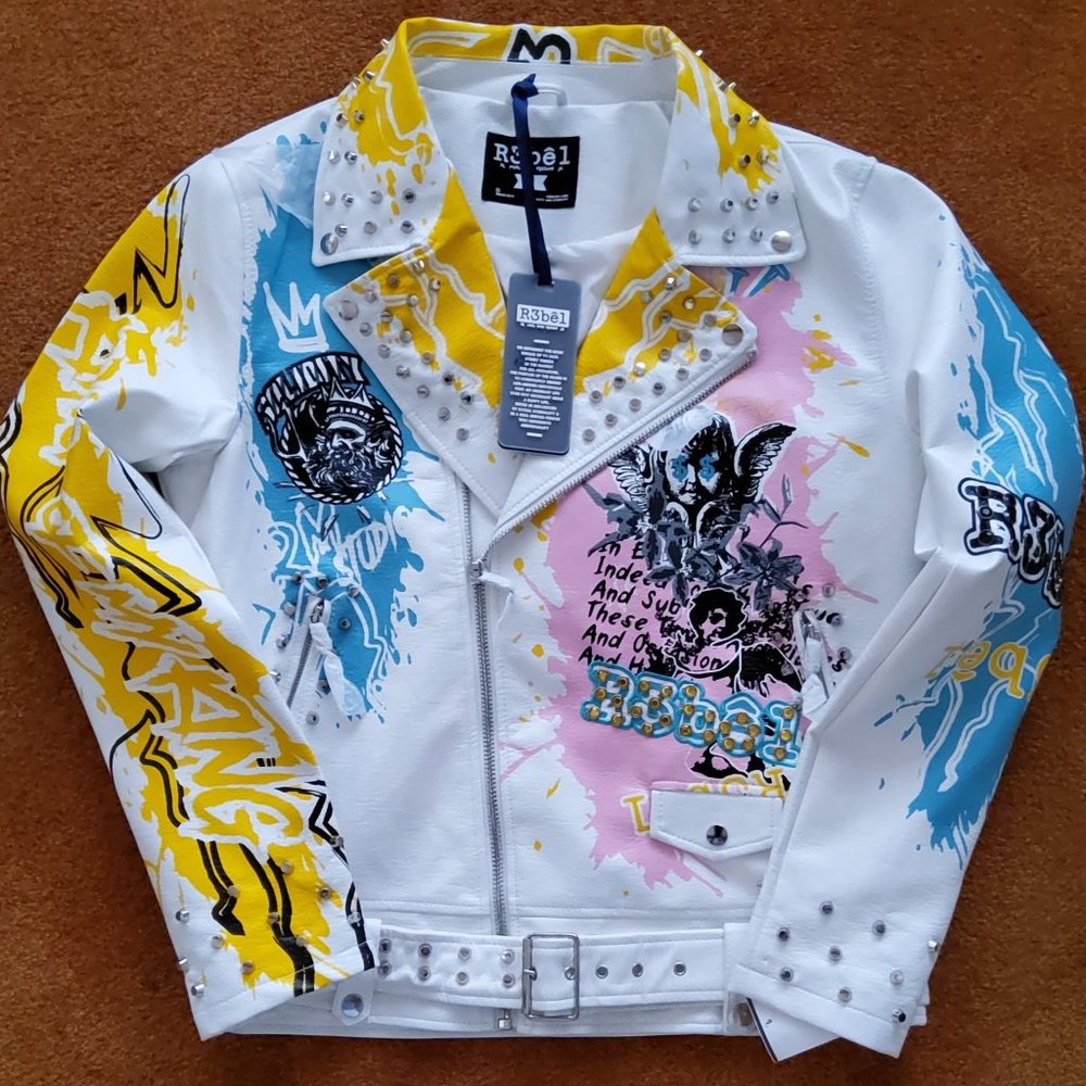 NWT MENS  R3BEL Biker Jacket White Cherub Biker Jacket